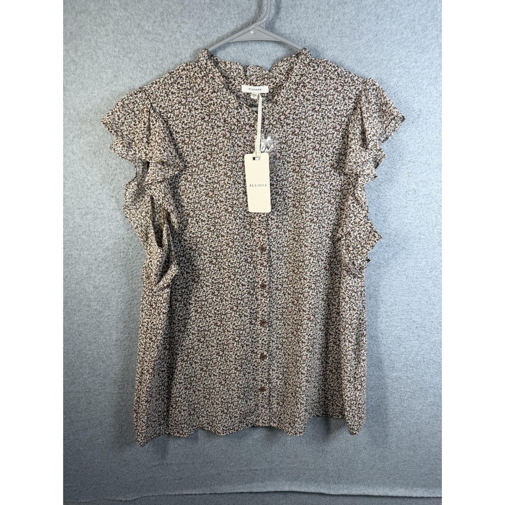 Pleione Blouse Womens XL Brown Floral Mock Neck Flutter Sleeve Tunic Top